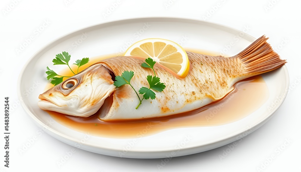 Whole Baked Fish with Lemon and Parsley Garnish Isolated on White Screen Background in Detailed 3D Render