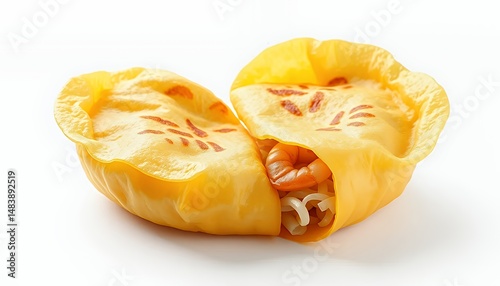 Obraz na płótnie Vietnamese Banh Xeo Crepe Crispy Yellow Pancake with Shrimp and Rice Isolated on White Screen w salonie
