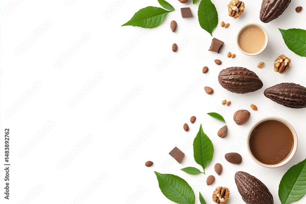 Obraz premium Cocoa Beans Chocolate Nuts Leaves Beverage Delight