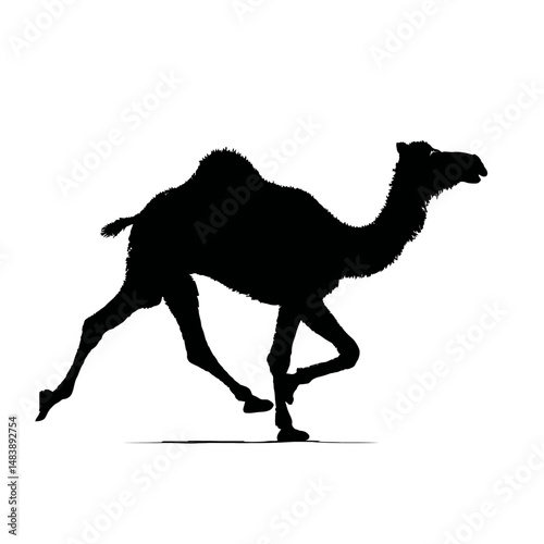 Solid black silhouette of a camel running