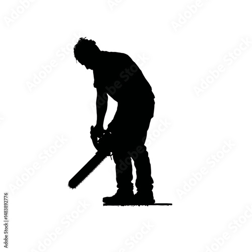 Solid black silhouette of a carpenter sawing