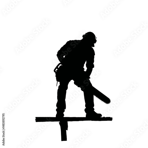 Solid black silhouette of a carpenter sawing