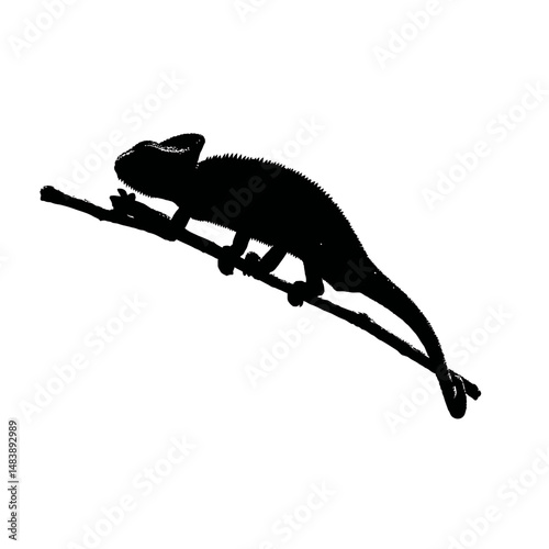 Solid black silhouette of a chameleon hunting