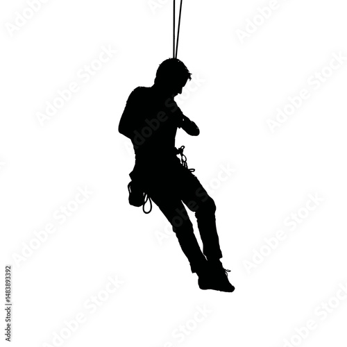 Solid black silhouette of a climber rappelling