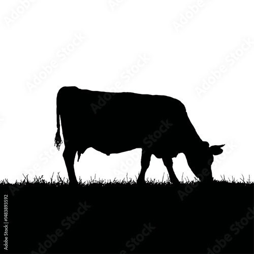 Solid black silhouette of a cow grazing