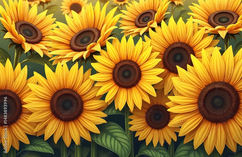 Obraz premium Vibrant yellow sunflowers in summer. Botanical illustration of sun flowers with green leaves on background. Floral design of bright, sunny blooming flowers for greetings cards, poster, banner.