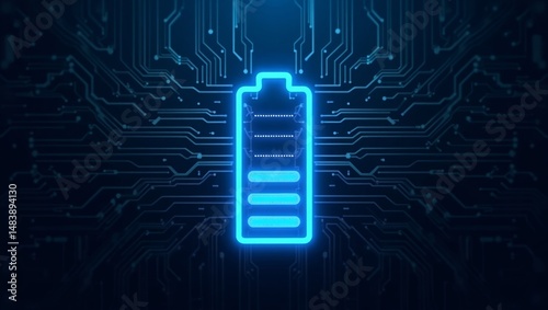 Highresolution digital illustration of a glowingly charged battery icon surrounded by an intricate circuit board pattern on a deep blue background photo