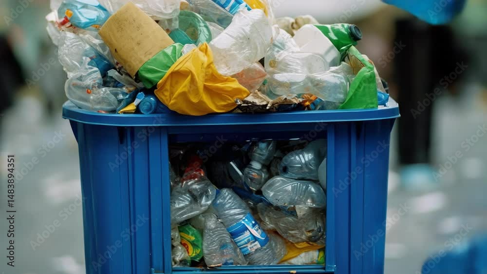A blue trash can is full of plastic bottles and bags. The trash can is overflowing with plastic waste, and it is clear that the people who live in the area are not disposing of their trash properly