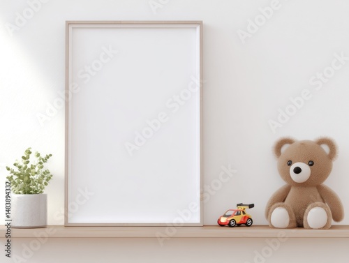 Minimal baby nursery shelf with teddy bear and frame	