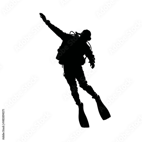 Solid black silhouette of a diver descending