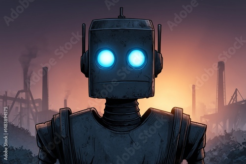 Stylized robot with glowing blue eyes against industrial background  