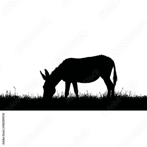 Solid black silhouette of a donkey grazing