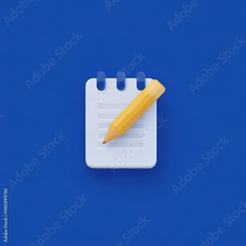 3D notepad and pencil icon on blue background	