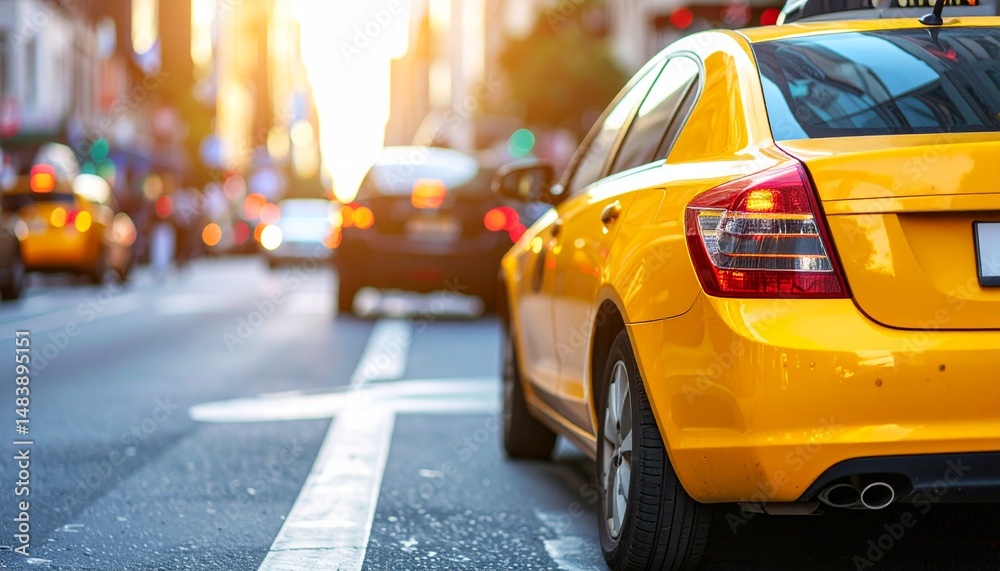 Bright Yellow Taxi Cab Mockup on Busy City Street (Side View, Daytime)