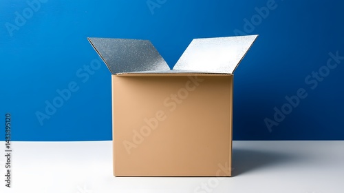 Open Cardboard Box with Insulated Silver Lining on Blue Background