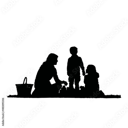 Solid black silhouette of a family picnicking