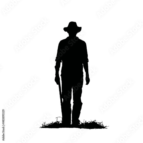 Solid black silhouette of a farmer harvesting