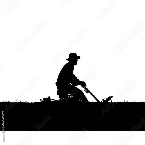 Solid black silhouette of a farmer plowing