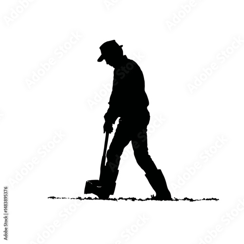 Solid black silhouette of a farmer plowing