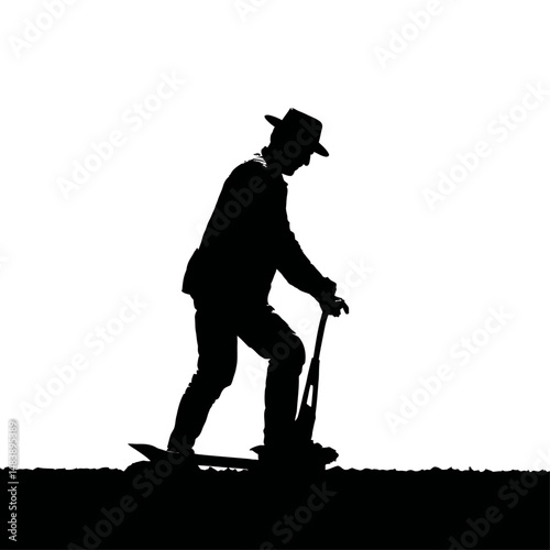 Solid black silhouette of a farmer plowing