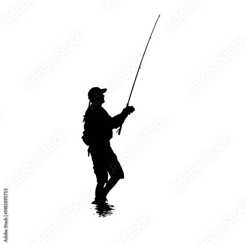 Solid black silhouette of a fisherman reeling