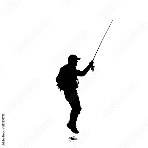 Solid black silhouette of a fisherman casting