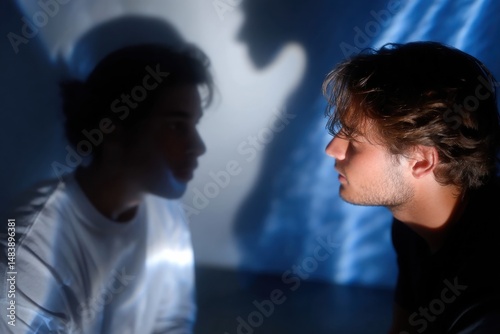 Two faces are highlighted in soft lighting, capturing an intense moment of connection and reflection, representing the complexities of emotions and deep interpersonal relationships.