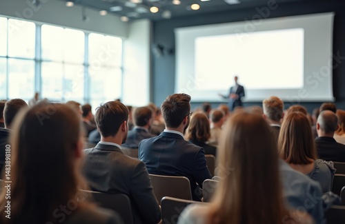 Large audience listens speaker on stage at business presentation. People at seminar with white screen. Corporate event. Business conference. Professional meeting in auditorium.