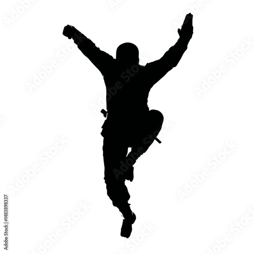 Solid black silhouette of a ninja attacking