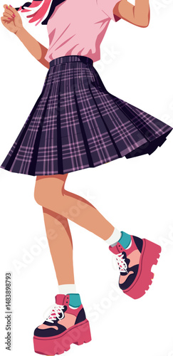 Young woman dancing in purple plaid skirt with pink shoes vector illustration 