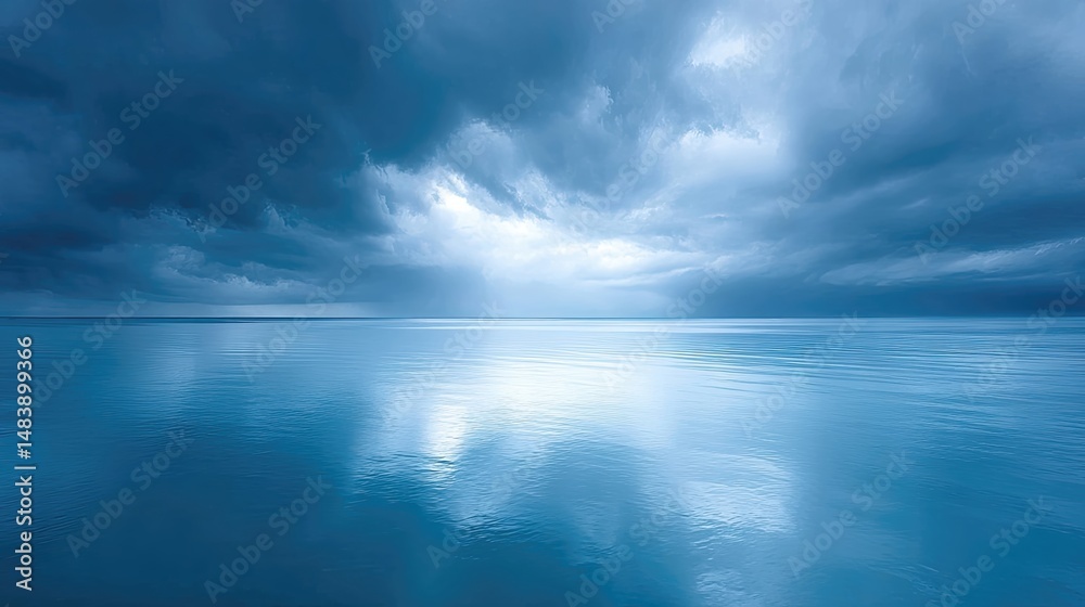 Obraz premium Dramatic Storm Clouds Gather Above Calm Ocean Waters With Sunlight Breaking Through