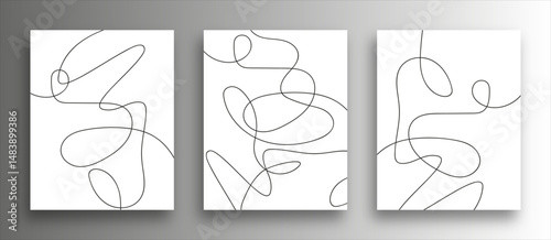 Set of doodle modern black minimalist lines over posters mockup, vector continuous interconnected fluid line art