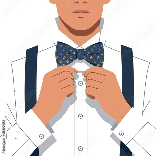 Man Adjusting Patterned Bow Tie with Suspenders in Formal White Shirt Vector Illustration 