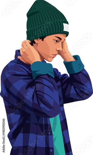 Young man in green beanie and blue plaid shirt adjusting collar vector illustration portrait 