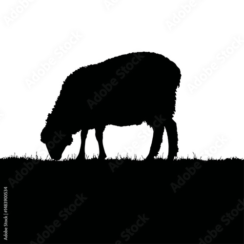 Solid black silhouette of a sheep grazing