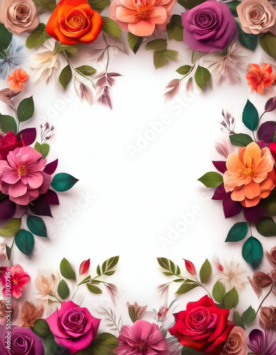 A decorative floral border with various colorful flowers surrounding a blank space.