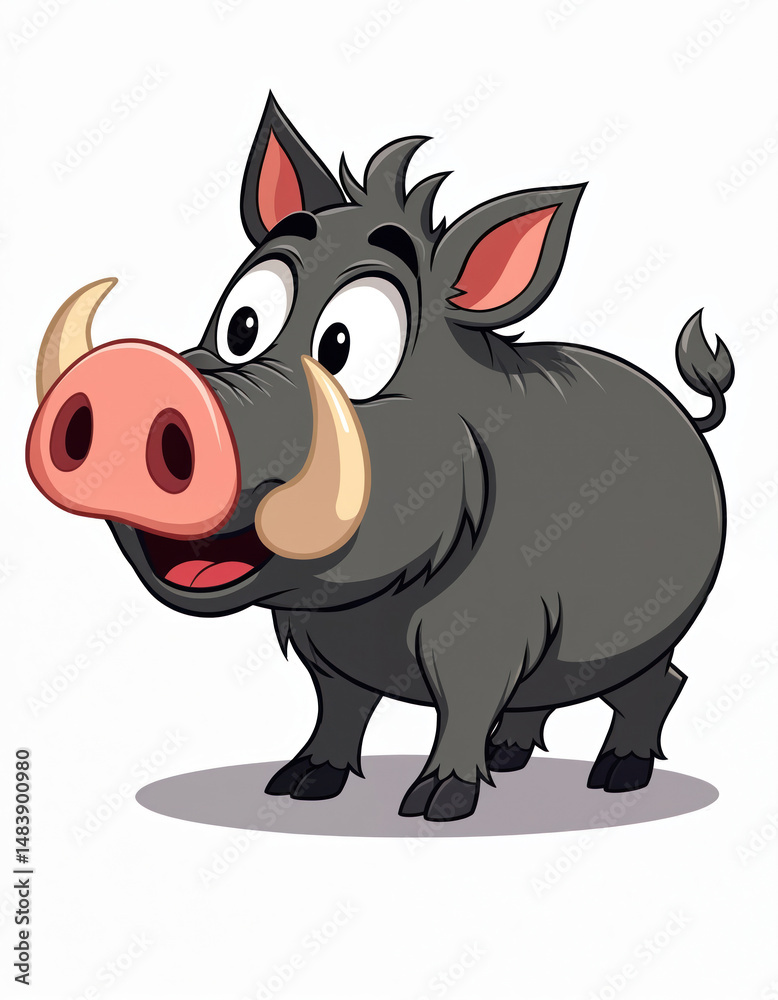 Fototapeta premium Cartoon illustration of cute boar, smiling. Wild animal, pig, warthog with tusks. Funny friendly character, visual art for kids, children book, poster, sticker, print design.