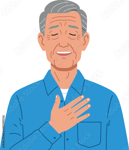 Elderly man with gray hair wearing blue shirt holding hand on chest vector illustration 