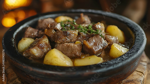 Carne de Jabal?, Wild Boar wild boar meat stew in rustic clay dish, warm country kitchen