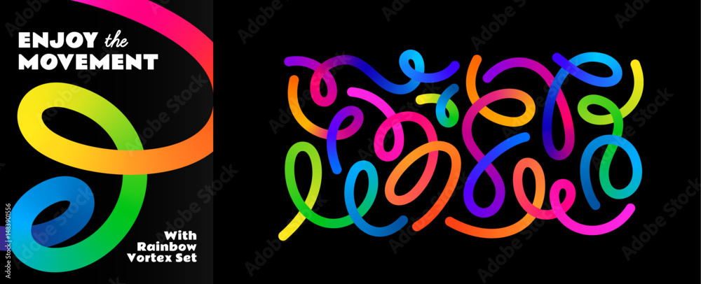 Abstract Color Line Shapes. 3D Gradient Waves Pattern on a Black Background. Vector Swirl Rainbow Ribbons. Fluid Graphics Element Design