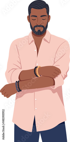 Thoughtful man with beard and bracelets in pink shirt vector illustration 