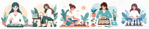 vector character woman playing chess