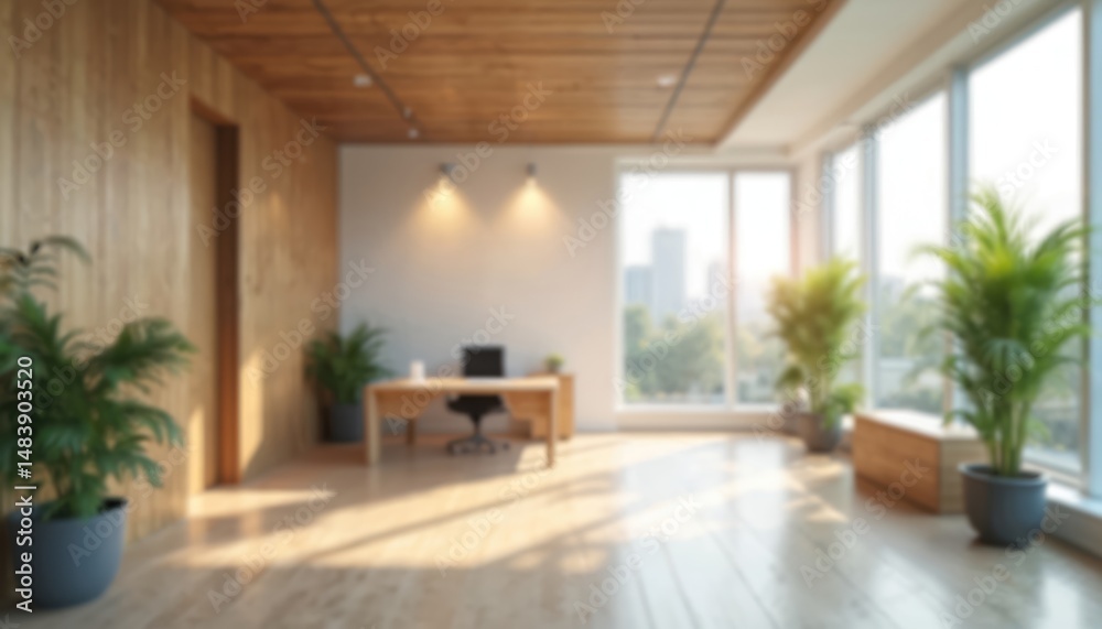 Fototapeta premium Contemporary office space with big window overlooking city. Modern workspace with desk chair, wooden furniture. Bright sunny interior with green plants. Presentation background with blurred business