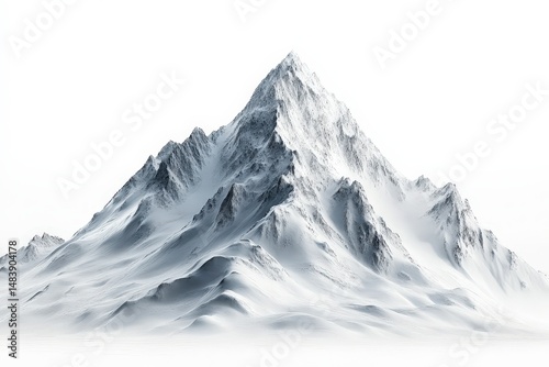 Majestic Snow Covered Mountain Rises Dramatically Against a Clean White Background Showcasing the Beauty of Untouched Nature in a Serene Environment