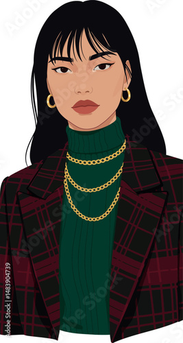 Young woman in green turtleneck and plaid blazer with gold jewelry portrait vector 