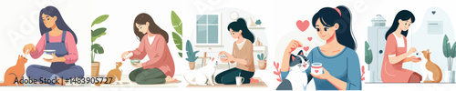 vector character woman feeding cat