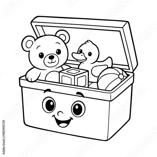 Cute cartoon toy box with smiling face full of toys including teddy bear, duck, ball, and blocks in black and white line art