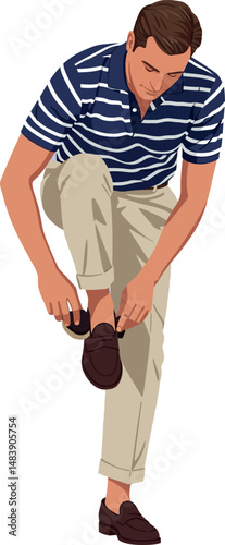 Man tying shoelace casual outfit striped shirt beige pants vector illustration 
