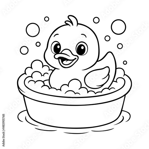 Cute cartoon rubber duck taking a bubbly bath in a tub with happy expression in black and white line art for kids