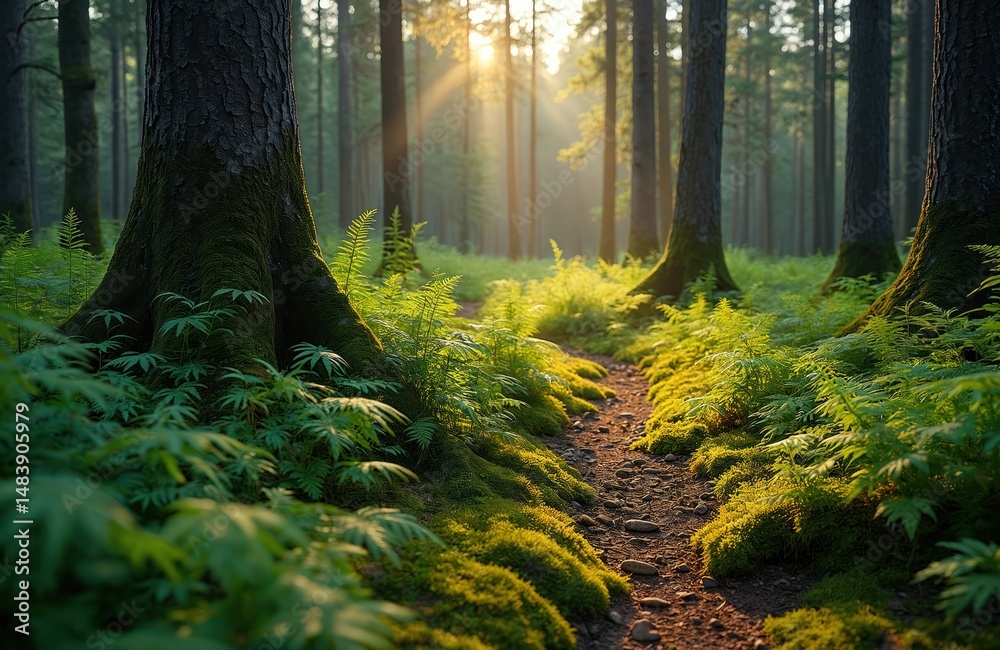 Obraz premium Evening hike through boreal forest with rich ferns, moss, Estonia. Sunlight breaks through trees, lighting forest path. Summer nature. Perfect scenery for nature, eco, tourism travel, forest